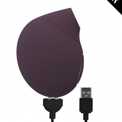 Rato roxo escuro com cabo USB e texto promocional no fundo branco