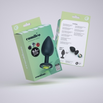Caixa de plug anal camileo em silicone preto com base de jóia colorida em caixa verde clara.