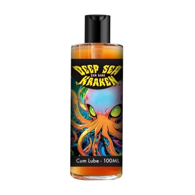 Frasco de lubricante Deep Sea Kraken com etiqueta de polvo colorido e texto preto