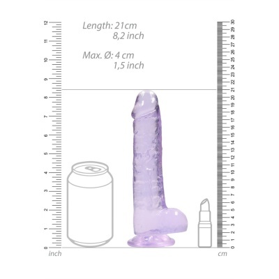 Dildo translúcido roxo com base e escala de medição