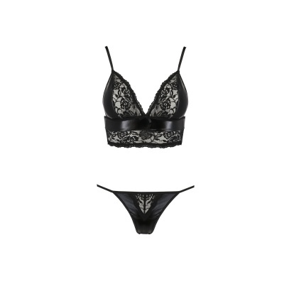 Conjunto de lingerie preto em renda e tecido acetinado com tiras finas