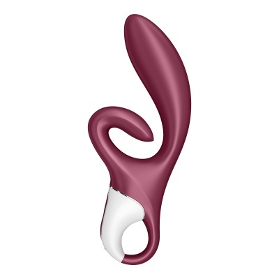 Vibrador cor de vinho com base branca e detalhe prateado