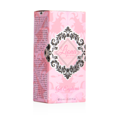 Embalagem rosa com padrão floral e texto do produto Liona Gel Euphoria