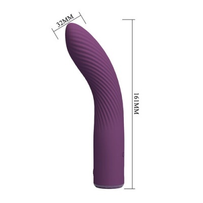 Vibrador roxo curvo com textura ondulada e medidas visíveis