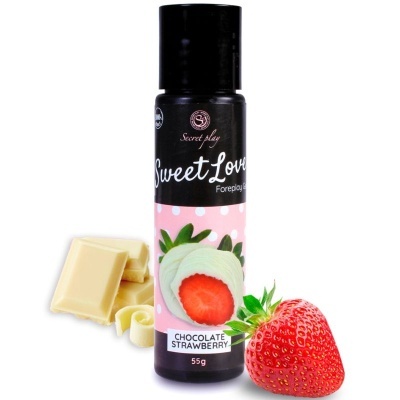 Frasco de gel Sweet Love com chocolate branco e morango ao lado