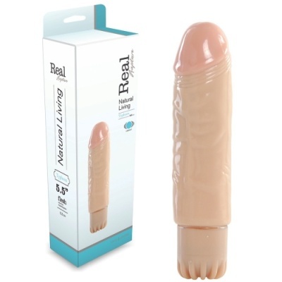 Vibrador em tom pele ao lado da caixa branca e azul com texto Real Applause Natural Living 5.5 flesh