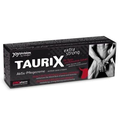 Embalaem preta de creme ativo TAURIX extra forte com texto e imagem de torso masculino nu