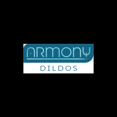 Logotipo ARMORY DILDOS azul claro e azul escuro num fundo cinzento