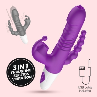 Vibrador roxo com controle branco e texto indicativo num fundo cor-de-rosa