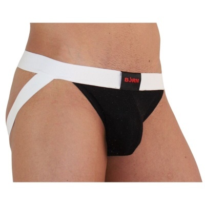 Cueca jockstrap masculina preta e branca com faixa elástica larga branca e etiqueta preta com texto vermelho BJORN