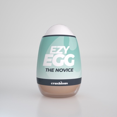 Frasco em forma de ovo com rótulo verde e texto EZY EGG THE NOVICE.