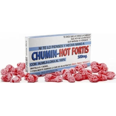 Caixa de pastilhas CHUMIN-HOT FORTIS 500mg com pastilhas vermelhas em forma de coração