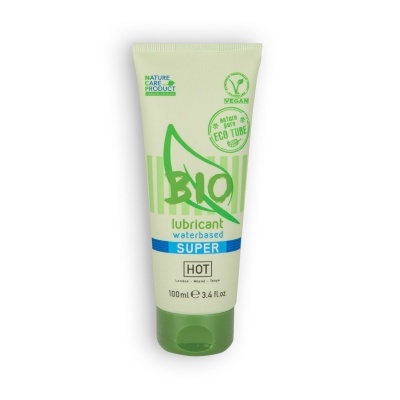 Tubo creme biológico lubrificante à base de água, 100 ml, com tampa verde e várias inscrições verdes e azuis.