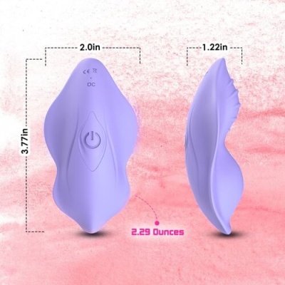 Dispositivo roxo com botão de ligar, dimensões e peso indicados