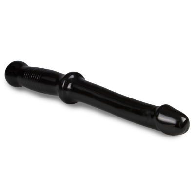 Vibrador preto alongado com detalhes em relevo numa base