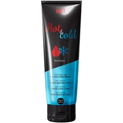Frasco preto e azul de gel íntimo com texto em várias línguas