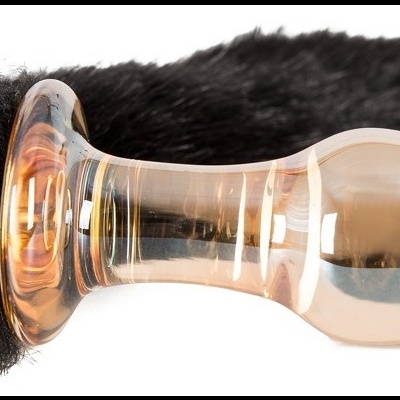 Plug anal de vidro transparente com rabo preto de pelo