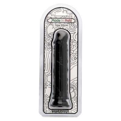 Embalagem plástica contendo objeto preto cilíndrico de 20 cm com texto Made in Italy e TOYZ 4 LOVERS