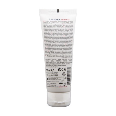 Tubo branco de 75 ml de lubrificante sabor framboesa com texto e informações técnicas diversas