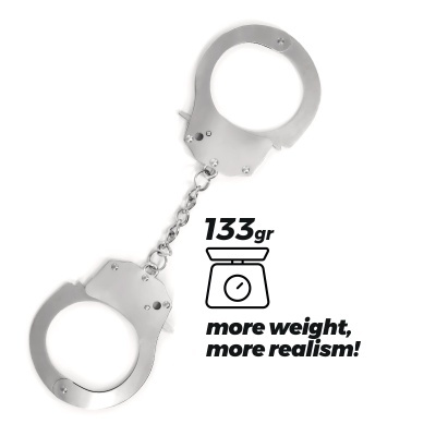 Algemas metálicas prateadas com texto promocional sobre peso e realismo