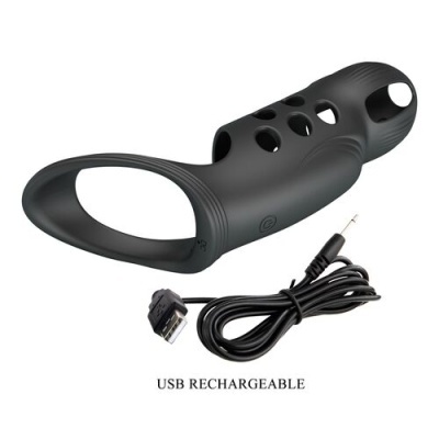 Anel vibratório preto com cabo USB para recarga e texto USB RECHARGEABLE