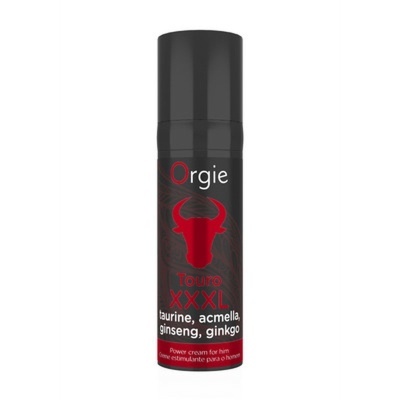 Frasco preto de creme com design de touro vermelho e texto
