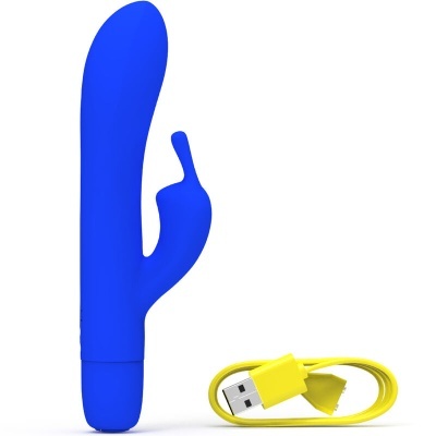 Vibrador azul com cabo USB amarelo em fundo branco