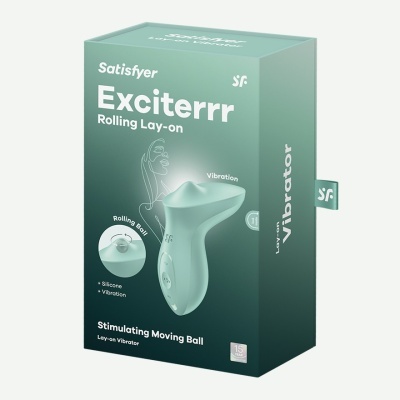 Embalagem verde de vibrador Satisfyer Exciterrr com características de vibração e bola rolante