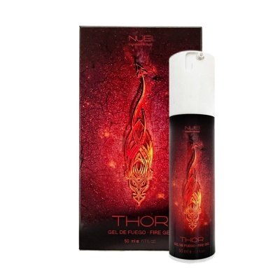 Frasco e embalagem do gel THOR Gel de Fuego com design vermelho flamejante