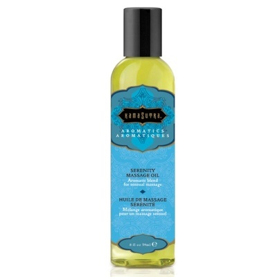 Garrafa de óleo de massagem Kamasutra Serenity com rótulo azul
