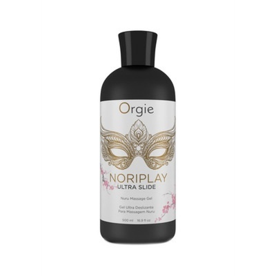 Frasco preto com rótulo branco de gel de massagem Nuru Orgie NORIPLAY Ultra Slide
