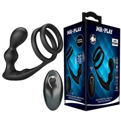 Massageador vibratório de próstata MR PLAY preto com controlo remoto e embalagem azul
