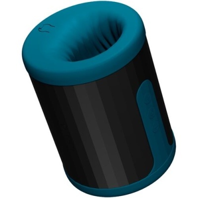 Dispositivo cilíndrico preto e azul com interior almofadado e botões