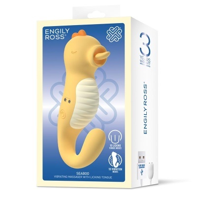 Embalagem de vibrador amarelo com funções de lambida e vibração, texto em inglês