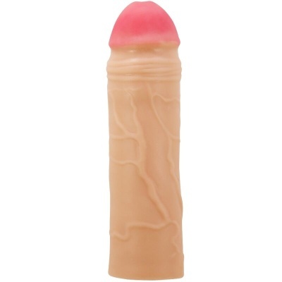 Produto em forma de pénis com ponta cor de rosa e textura veiculada