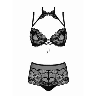 Conjunto de lingerie preto de renda com padrões florais e detalhes em laços.