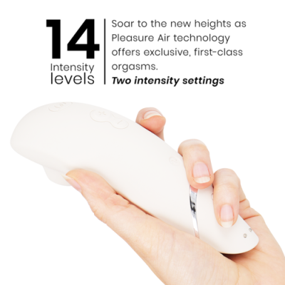 Dispositivo branco ergonómico com botões e texto sobre níveis de intensidade