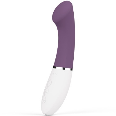 Vibrador roxo com pega branca e botões na superfície