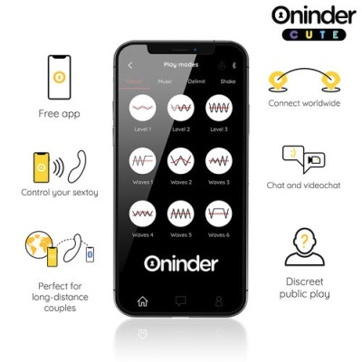 Aplicação móvel Oninder Cute mostrada num smartphone com opções de controlo e modos de vibração.