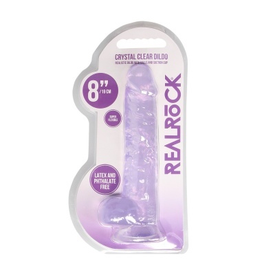 Dildo lilás translúcido com ventosa, embalagem com texto em inglês