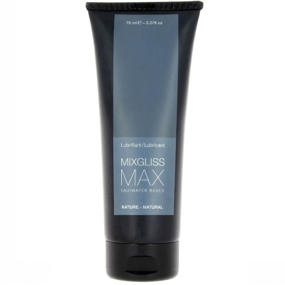 Frasco preto de tubo com rótulo cinza de lubrificante Mixgliss Max à base de água