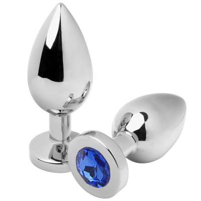 Dois plugs metálicos prateados com pedra azul facetada na base