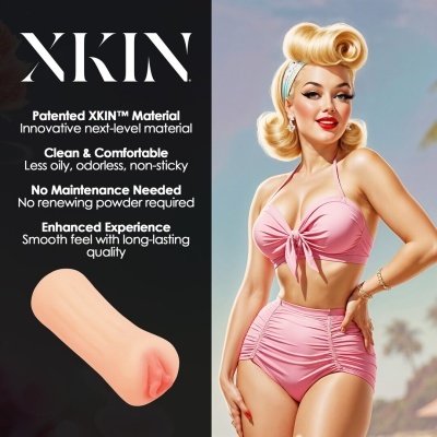 Anúncio do produto XKIN com modelo feminino em roupa de banho rosa vintage e descrição do material patenteado.
