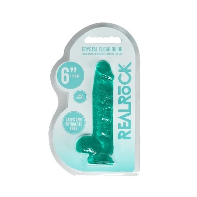 Dildo cristal transparente verde com ventosa em embalagem branca e azul