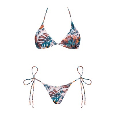 Biquíni de duas peças com padrão floral azul, laranja e castanho.