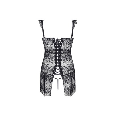 Corset preto de renda com fecho frontal de fita de cetim e alças ajustáveis