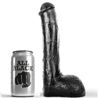 Dildo preto com textura detalhada ao lado de lata prateada ALL BLACK