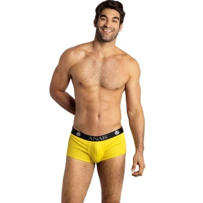 Cuecas boxers masculinas amarelas com cós preto e marca ANAIS visível