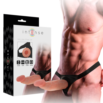 Hollow strap-on Intense com cinta preta e embalagem visível