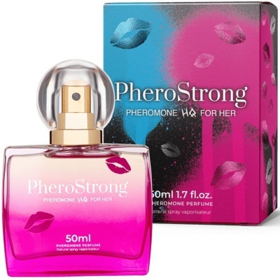 Frasco de perfume PheroStrong rosa com embalagem colorida com lábios
